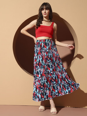 OTABU Floral Print Women Pleated Blue Skirt