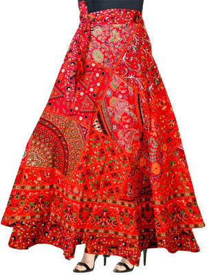 Rangun Printed Women Wrap Around Red Skirt