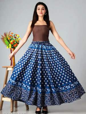 nuwal Printed Women Flared Blue Skirt