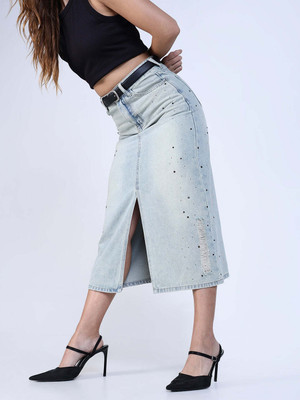 SHOWOFFFF Washed Women A-line Blue Skirt