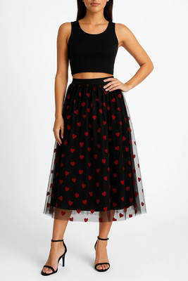 3Buddy Fashion Embellished Women Flared Black, Red Skirt