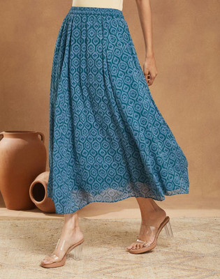 Fabindia Printed Women Flared Green Skirt