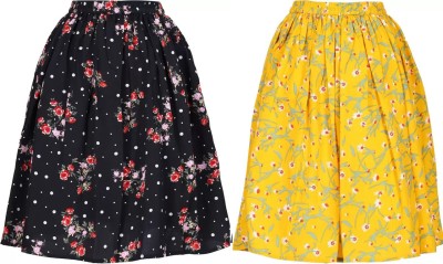 FINEVKSALES Floral Print Girls Gathered Yellow, Black Skirt