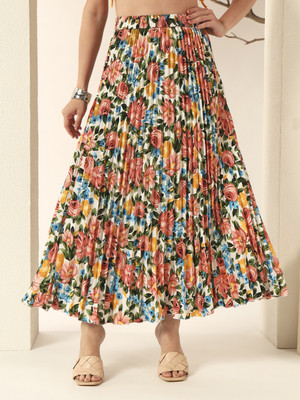LookShine Printed Women Pleated Brown Skirt