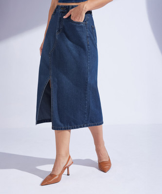 Miss Chase Solid Women Straight Blue Skirt