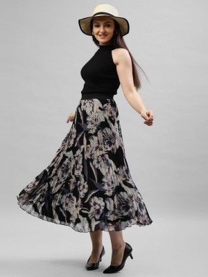 Maa Amar Printed Women Pleated Black Skirt