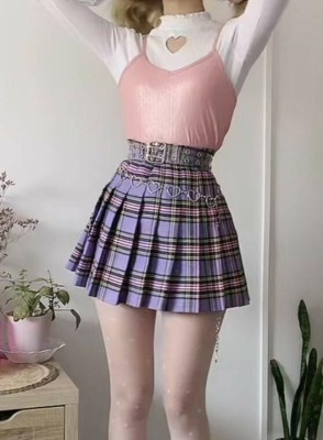 J K FASHION Checkered Women Pleated Purple Skirt