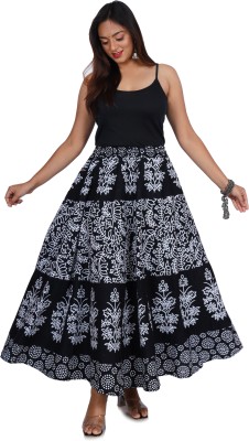 ibutterfly Floral Print Women Flared Black, White Skirt