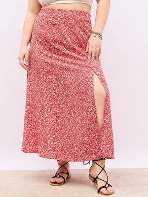 Berrylush Curve Floral Print Women A-line Red Skirt