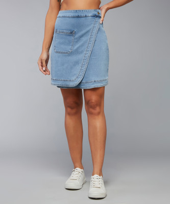 DOLCE CRUDO Solid Women Asymetric Blue Skirt