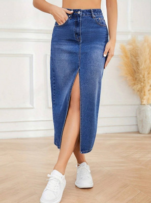 dolsia Solid Women Pencil Blue Skirt