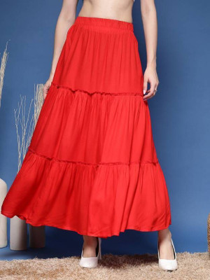 STYLE GRID Self Design Women Flared Red Skirt