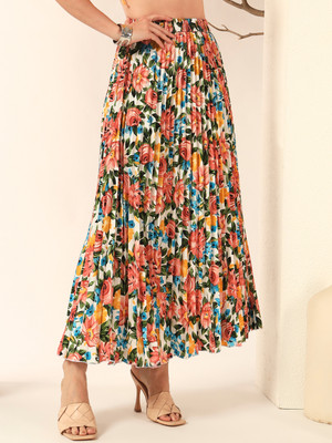 LookShine Printed Women Pleated Brown Skirt