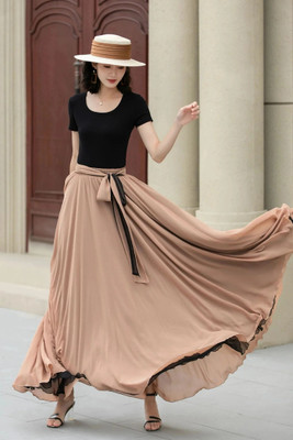 Freydis Solid, Printed, Dyed Women Flared Beige, Black Skirt