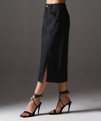 Miss Chase Solid Women Regular Black Skirt