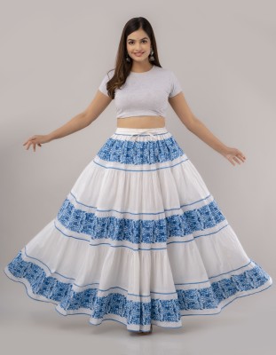 JFT Jaipur Fabtex Printed Women Flared White, Light Blue Skirt