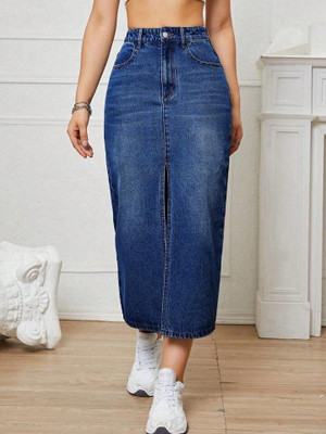 HUNTER HAYES Washed Women Pencil Dark Blue Skirt