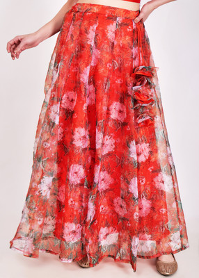 Froic Rolic Floral Print Women Flared Red Skirt