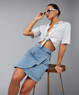 DOLCE CRUDO Solid Women Asymetric Blue Skirt