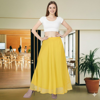 MUZUN Solid Women Flared Yellow Skirt