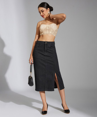 Miss Chase Solid Women Straight Black Skirt