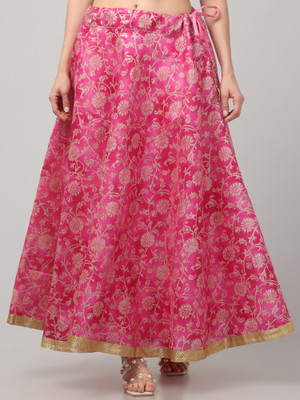 KGFONECLOTH Floral Print Women Flared Pink Skirt