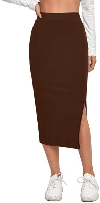 ALYNE Solid Women Pencil Brown Skirt