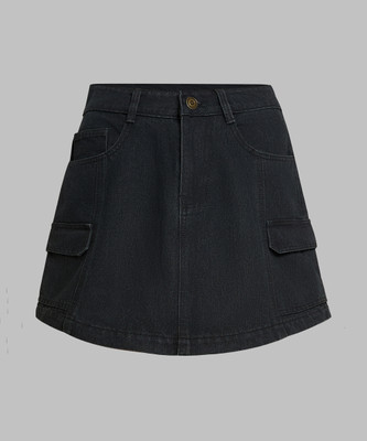 Miss Chase Solid Women Straight Black Skirt