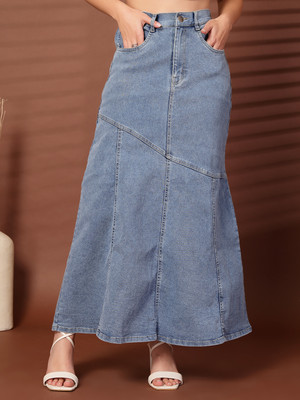 PLUSS Solid Women Flared Blue Skirt