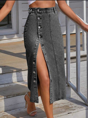 Nibiha Washed Women Straight Grey Skirt