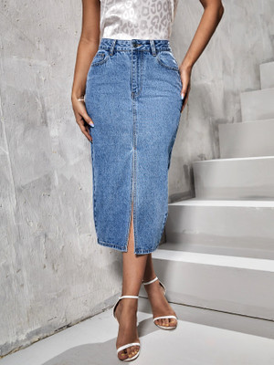 ACUAN Solid Women Pencil Light Blue Skirt