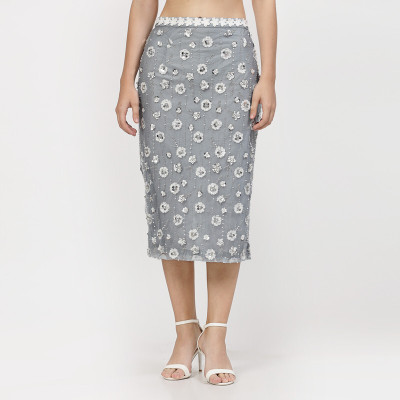 LELA Embroidered Women Straight Blue Skirt