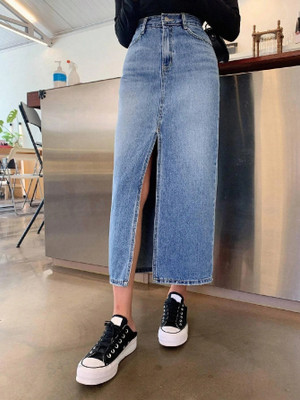 Leriya Fashion Solid Women Pencil Blue Skirt