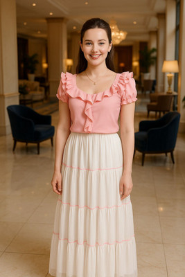 NRTFASHION Self Design, Printed Women Gathered White, Pink Skirt