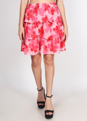 CHARMGAL Floral Print Women Flared Red Skirt