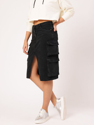 Dressberry Solid Women Straight Black Skirt