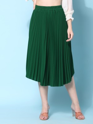 NE STYLE Solid Women Pleated Dark Green Skirt