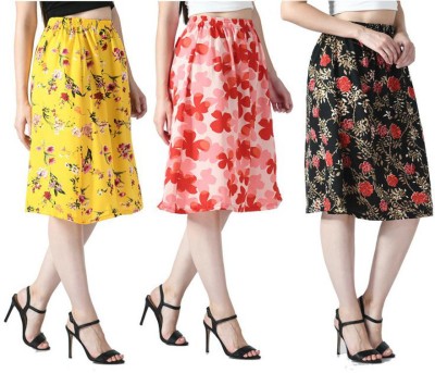 KAVYA Floral Print Women Flared Yellow, Pink, Black Skirt