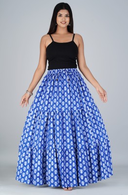 Kastoori Collection Floral Print Women Broomstick Blue Skirt