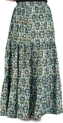 Kastoori Collection Floral Print Women Tiered Green Skirt