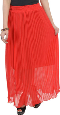 JABAMA Solid Women Pleated Red Skirt