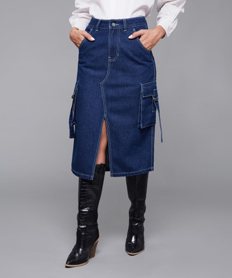 Miss Chase Solid Women Regular Blue Skirt