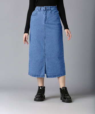 CEFALU Solid Women Pencil Light Blue Skirt