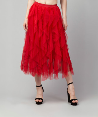 urban streetwear Solid Women Flared Red Skirt