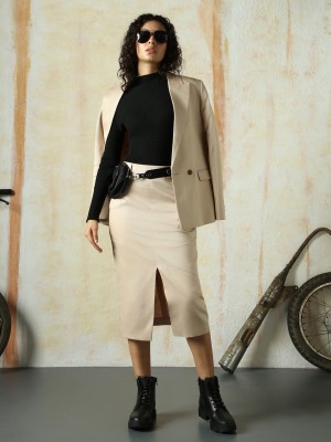 High Star Solid Women Pencil Beige Skirt