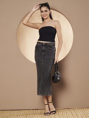 AngelFab Solid Women Straight Black Skirt
