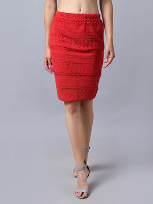 moonaah Self Design Women Pencil Red Skirt
