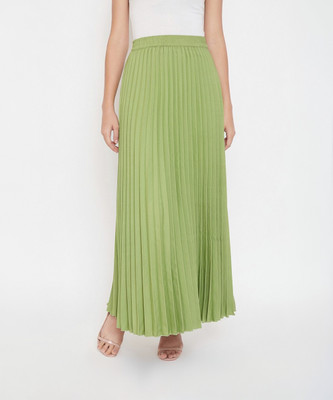 U&F Solid Women Pleated Light Green Skirt