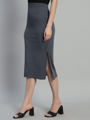 Doil Domec Solid Women Pencil Grey Skirt