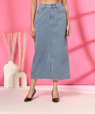 PLUSS Solid Women Regular Blue Skirt